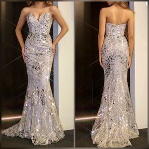 Silver sparkly mirror prom dress, pageant evening gown, formal dress